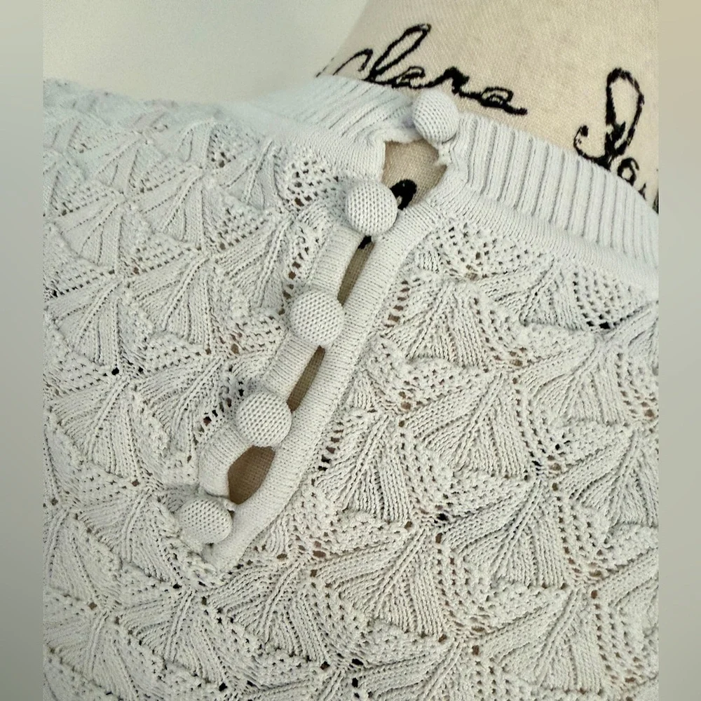 Club Monaco Sweater Pointelle Knit Sz S Ivory Ribbed Collar/Hem Quiet Luxurycore